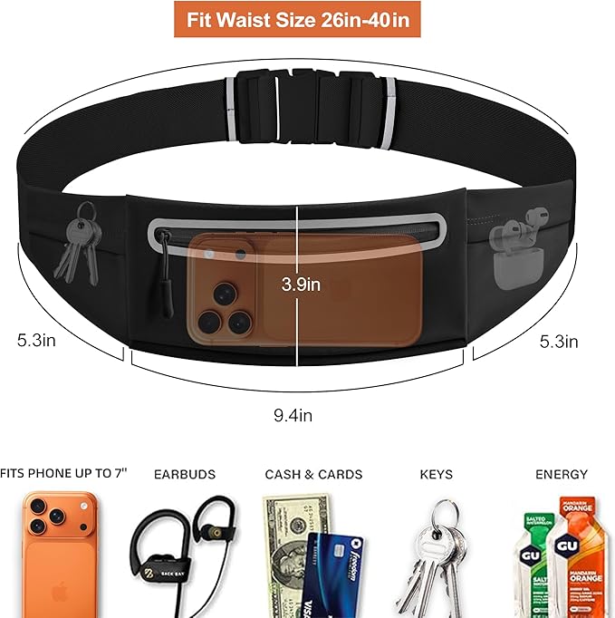 Slim Running Belt for Men Women - No-Bounce Phone Holder Waist Pack, Runners Fanny Pack with Sweat-Proof Pocket ，Travel Money Pouch for Gym/Hiking/Cycling (Light Black)