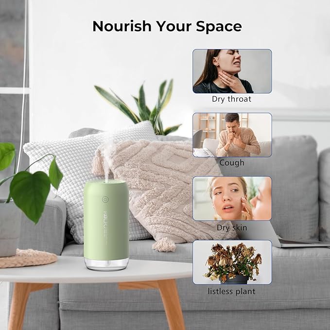 Portable Mini Humidifier, 350ml Quiet Small Cool Mist Humidifiers USB Personal Desktop Humidifier for Bedroom Office Plants Car Baby Nursery with 2 Mist Modes Auto Shut-off (Green)
