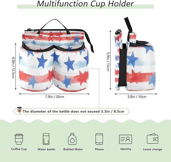 Luggage Cup Holder for Suitcases Free Hands Suitcase Cup Holder Travel Luggage Drink Holder Portable Luggage Cup Caddy Bag Carrier with Handle July 4th Stripes Stars White