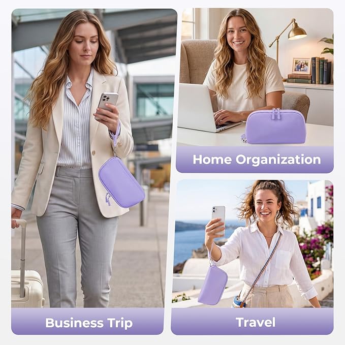 FYY Travel Cable Organizer - 8 Compartments Lightweight Water Resistant Tech Pouch with Wrist Strap, Portable Electronic Accessories Case for Cord Charger Storage for Travel Home Office Purple (Large)