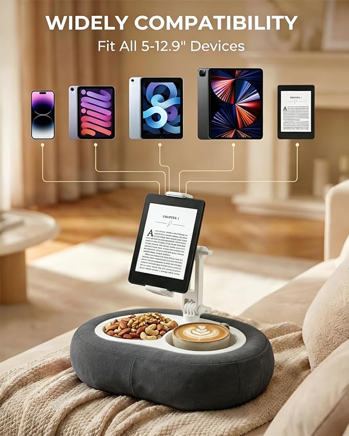 Miledi Tablet Pillow Stand, Compatible with 5"-12.9" Kindle, iPad, Phone/Tablet, 360° Rotating Phone Holder for Bed, Soft Plush Fabric, Detachable Bowl, Reading and Relaxation on Bed, Black