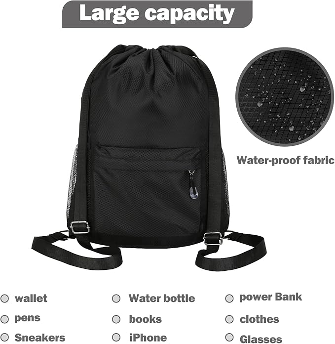 Waterproof Drawstring Bag, Lightweight String Backpack with Water Bottle Holder and Pockets, Gym Sports Cinch Sackpack (Black)