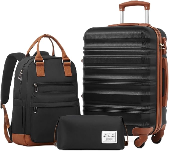 LONG VACATION Carry On Luggage Sets 3 Piece 20 Inch Suitcase Set, ABS+PC Hardshell Lightweight Travel Luggage with Spinner Wheels & YKK Zipper TSA Lock (20 INCH (BP/TB), BLACK-BROWN)