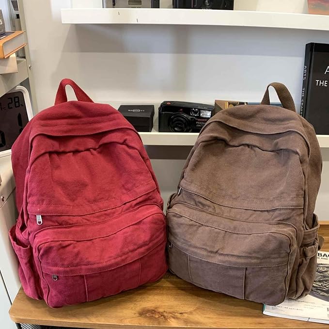 Burgundy Red Canvas Backpack for Women Retro Aesthetic Rucksack Basic Backpack for High School/College Students Travel Laptop Bag