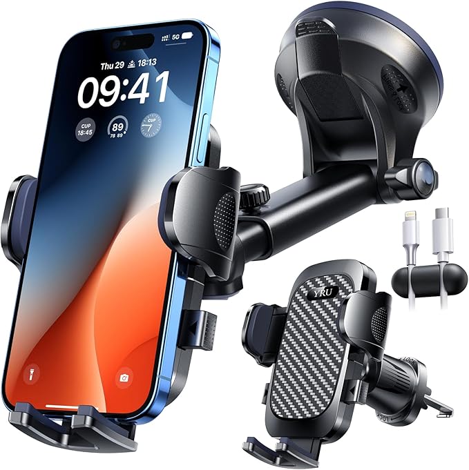 YRU True Military-Grade [360° Rotation Suction] 2026 Ultimate Car Phone Holder Mount【90+LBS Safest Strongest & Patent Certs】 Dash Windshield Vent for iPhone 17 16 Pro Max with Dash Accent,Gloss Black