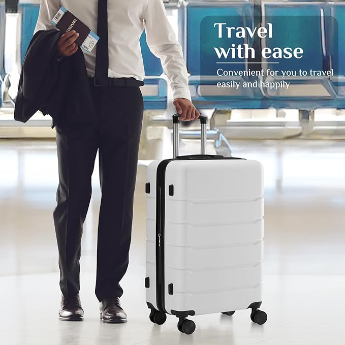 NEWBULIG 20 Inch Carry On Luggage, ABS Hard Shell Lightweight Rolling Expandable Suitcase with Double Spinner Wheels & TSA Lock, Travel Suitcase for Business Trips and Short Vacations, White