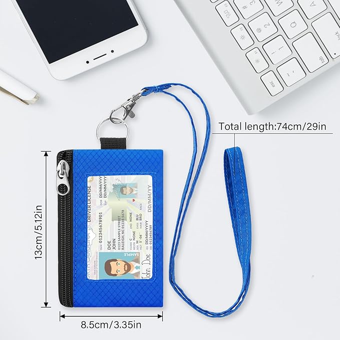 Minimalist RFID Wallet with Lanyard, Multi-Functional ID Case with 2 Zipper Pockets and Key Chain for Men and Women, Tactical Badge Pouch Cards Holder, Coin Purse for Travel Sports-BK+DBU