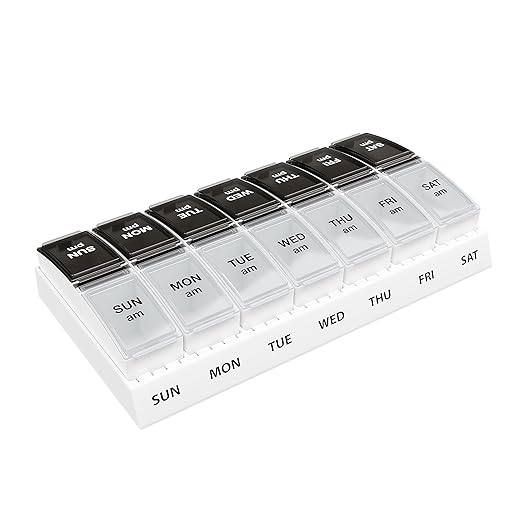 EZY DOSE Weekly (7-Day) Daily AM/PM Pill Case, Medicine Planner, Vitamin Organizer, Supplement Container, Small Pop-out Compartments, Designed for Travel, 2 Times a Day, Black and Clear Lids
