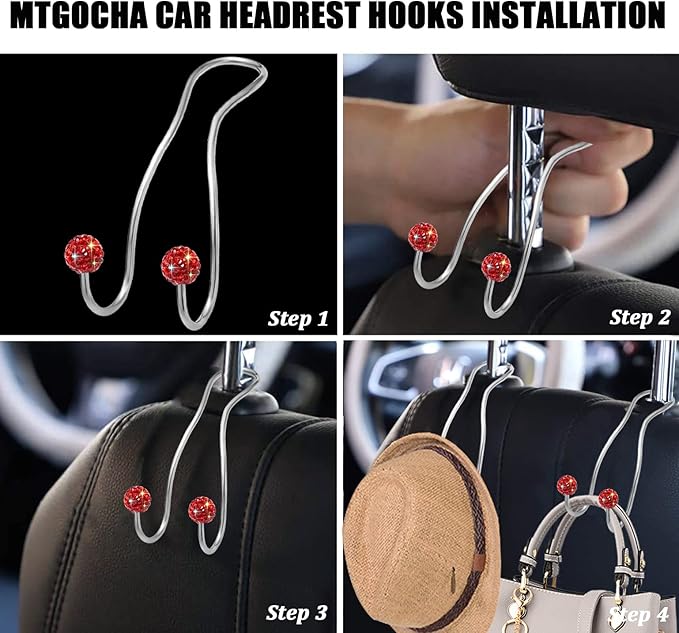 Bling Purse Hook for Car Headrest, Upgraded Cute Car Seat Hooks for Bag Handbag, Durable Stainless Auto Purse Hanger Holder 2 Pack, Red