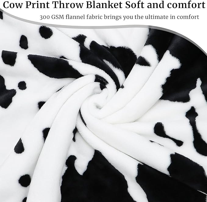 Cow Print Blanket Warm Plush Cute Throw Soft Fleece Flannel Lightweight Black & White Blankets for Living Rooms Sofa Bedroom All Seasons Decor Cow Gifts for Adults Kids Teens 50" x 60"