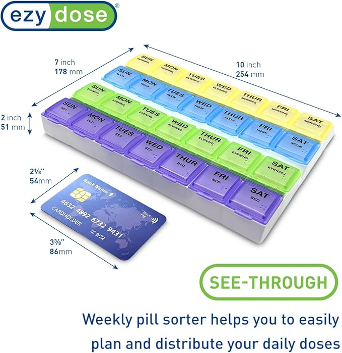 EZY DOSE Weekly (7-Day) Daily Medtime Pill Case, Medicine Planner, Vitamin Organizer, Supplement and Fish Oil Container, Large Compartments with Rounded Base, 4 Times a Day, Colored Lids, BPA Free