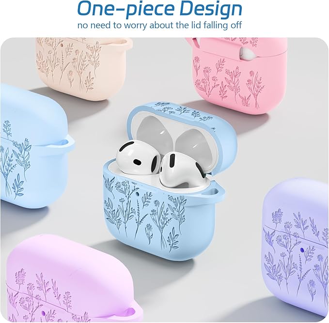 for Airpods 4 Case, Ekoonpft Flower Engraved Cases for Apple AirPods 4th Generation 2024, Soft Silicone Cover for Women Girly with 3-in-1 Cleaner Kit, Keychain, Military Grade Protection