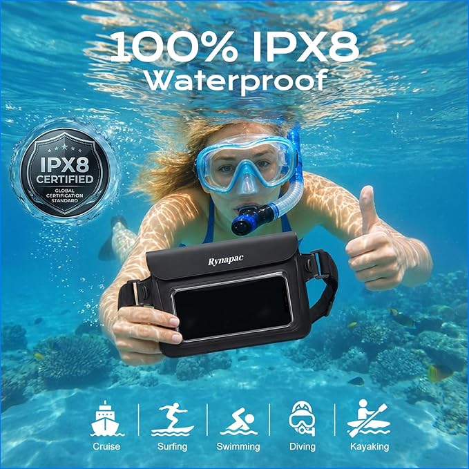 Rynapac 2 Pack Waterproof Fanny Pack for Woman Man, IPX8 Swimming Dry Belt Bag, Passport Wallet Phone Pouch Double Space, Elastic Waistband, Beach Cruise Vocation Essentials 2026
