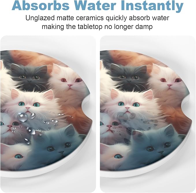 2 Pack Car Cup Holder Coasters, 2.63 inch Anti Slip Insert Absorbent Ceramic Coasters with Cork Base and Finger Notch, Cute Car Accessories Interior for Women