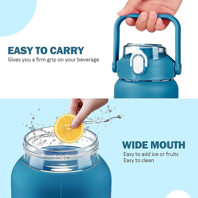 64oz Glass Water Bottles with Straw, Half Gallon Motivational Glass Bottle with Silicone Sleeve and Time Marker, 2L Leakproof Large Glass Water Jug for Gym Home Office,Iron Blue