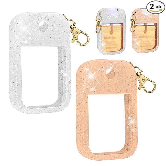 AIERSA 2Pcs Hand Sanitizer Spray Case Compatible with Touchland,Rabbit Ears Design Silicone Hand Sanitizer Case Holder with Keychain for Touch Land Mist Case 1FL. OZ（White+Blush Beige