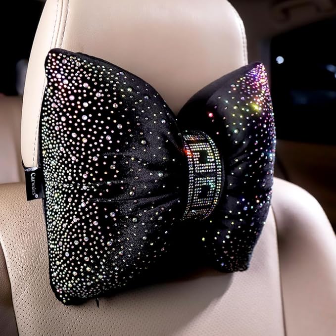 Carwales Bow Neck Support Pillow for Driving Seat Travel Head Rest Sparkly Bling Car Accessories Sparkly Rhinestone Headrest Black 2pcs for Women Men