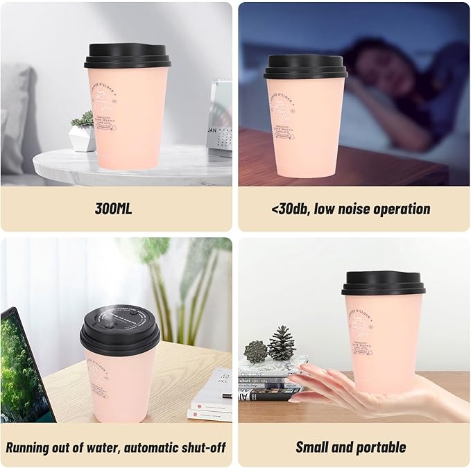 Humidifiers for Bedroom, 300ml Cool Mist Humidifiers, USB Mini Cute Coffee Cup Humidifier Car Desk Low Noise Auto Shut-Off for Car Plant Office(Pink)
