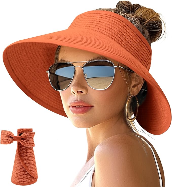 NPJY Sun Hats for Women Wide Brim Roll-Up Beach Ponytail Hat Packable Foldable Travel Straw Visor