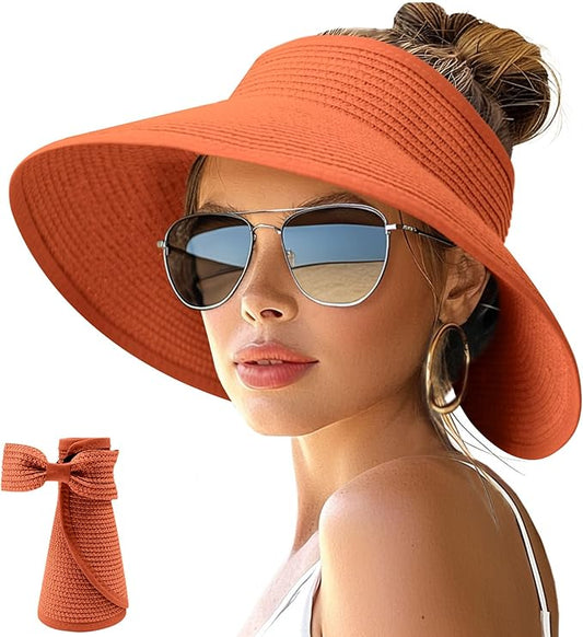 NPJY Sun Hats for Women Wide Brim Roll-Up Beach Ponytail Hat Packable Foldable Travel Straw Visor