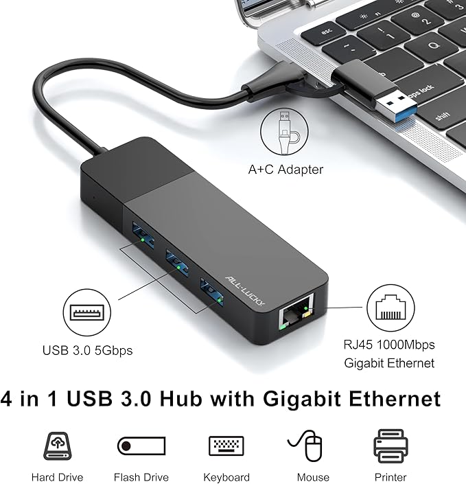 ALL-LUCKY USB to Ethernet Adapter, 4 in 1 USB C to Ethernet Adapter Hub with 3 x USB 3.0 Port/Gigabit Internet Port, High-Speed Network Hub Compatible for iMac,MacBook Pro