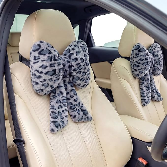 Macarrie 2 Pcs Car Neck Pillow Plush Butterfly Bow Car Headrest Pillow Comfortable Seat Neck Support Cute Head Rest Accessories for Driving Travel Driver Chair Girl Interior Decor(Blue,Leopard)