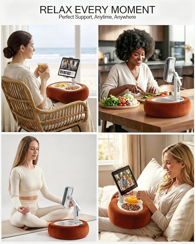 Miledi Tablet Pillow Stand, Compatible with 5"-12.9" Kindle, iPad, Phone/Tablet, 360° Rotating Phone Holder for Bed, Soft Plush Fabric, Detachable Bowl, Reading and Relaxation on Bed, Terracotta