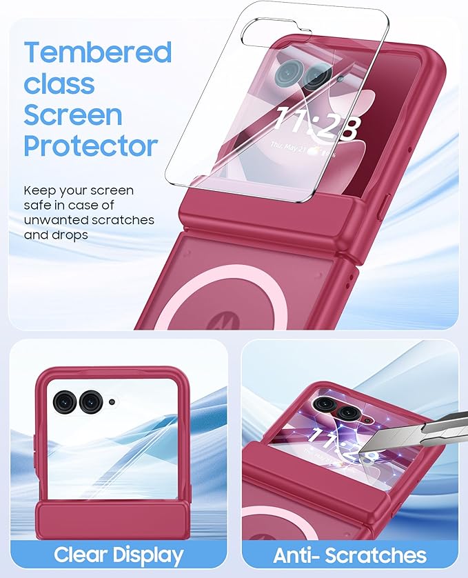 Magnetic for Motorola Razr Ultra 2026/2025 Case,Hinge Protection, Screen Protector, Compatible with MagSafe, Translucent Frosted, Shockproof Slim Cover for Razr Ultra 2026/2025-Rose Red