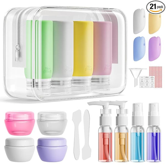 Muslish 21 Pack Leak Proof Silicone Travel Bottles Set, TSA Approved Containers for Toiletries, Travel Size Accessories and Shampoo Conditioner Bottles with Toiletry Bag (BPA Free)