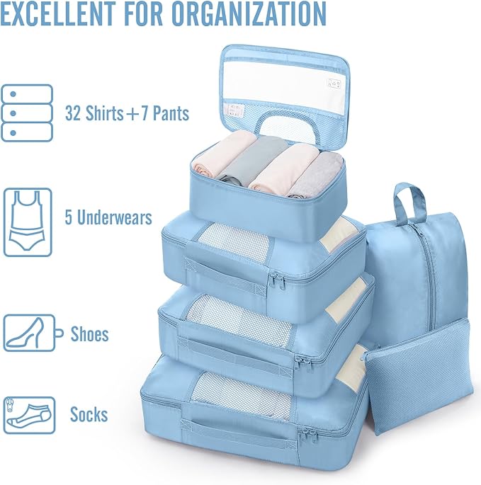 Veken 8 Set Packing Cubes for Travel Essentials,Anti-Wrinkle Buckled Suitcase Organizer for Shoe & Toiletry Bag,Carry On Luggage Bag for Airplane & College Dorm Room Accessories,Women Men Gifts