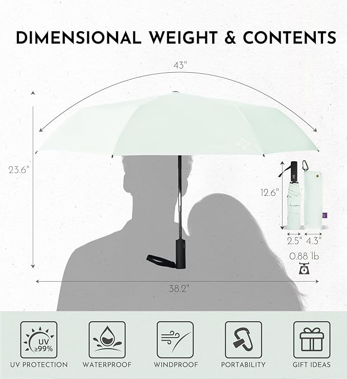 Windproof Travel Umbrella for Rain - 43" Compact Folding Umbrella, Reinforced Strong Frame, Lightweight Portable Parasol with UPF 100+ UV Sun Protection, Cruise Ship Essentials