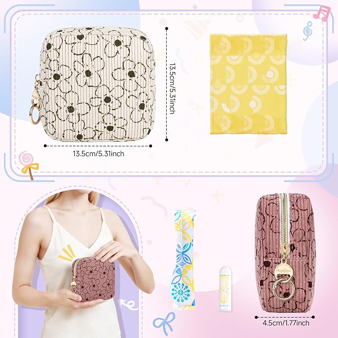 Floral Period Bag, Small Period Pouches for Teen Girls, Corduroy Sanitary Napkin Storage Bag, Compact Discreet Pad and Tampon Holder for Purse (Plum-Beige)