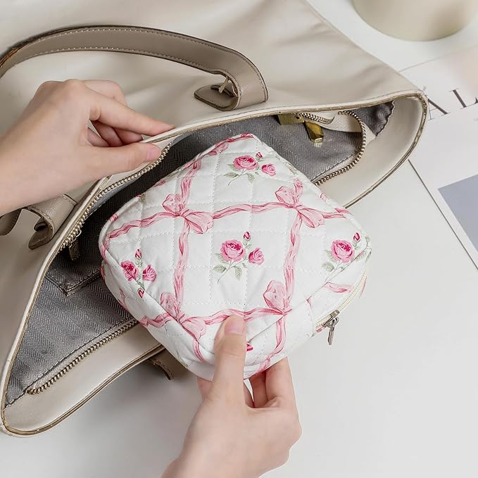 RSRSLEII Small Quilted Cosmetic Pouch for Purse, Mini Cotton Makeup Bag with Compartments, Cute Zipper Lipstick Holder for Women (09Pink Bow)