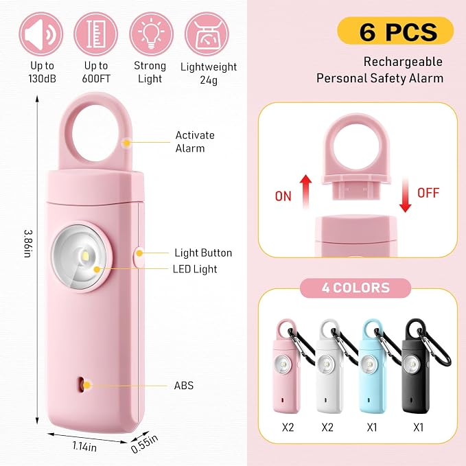 Tellegloww 6 Pcs Rechargeable Personal Safety Alarm for Women, 130db Personal Alarm Protection Keychains Loud Siren with LED Self Defense Keychain for Senior Mom Gift(White,Pink,Bule,Black,Keychain)
