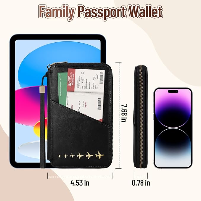Family Passport Holder for 4 with Clear Passport Cover Anti-Theft RFID Blocking Passport Holder for Travel PU Passport Wallet Case Travel Document Organizer (Black)