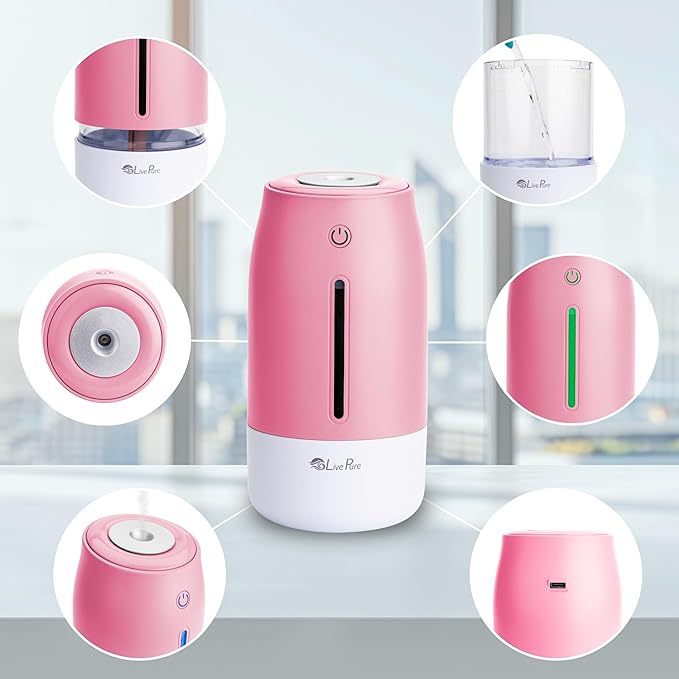 LivePure Cool Mist Humidifiers for Bedroom. Small Humidifier for Babies, Nursery, Plants, Office. Ultrasonic Cool Mist Humidifier w/Quiet Operation, USB-C Rechargeable. Rose Quartz