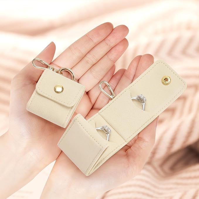 KUKUVR Mini Jewelry Holder Pouch with Keychain, Portable Travel Jewelry Organizer Box for Rings Earrings Necklace Stud, Small Velvet Jewelry Storage Bag for Gym Women (White)