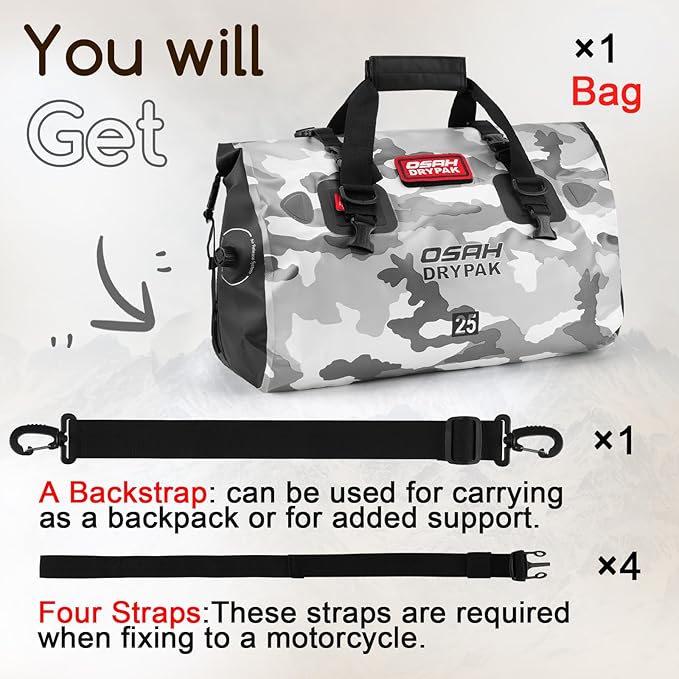 OSAH DRYPAK Waterproof Duffel Bag - Motorcycle Dry Bag Tail Bag with Large Storage Space, Waterproof Luggage Duffle Bags with Outer Mesh Zipper Pocket for Camping, Kayaking, Fishing & Traveling