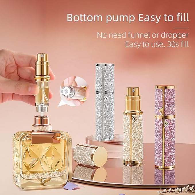 Perfume Travel Refillable Bottle, Cologne Portable Atomizer Fragrance Scent Sprayer with Sparkling Brilliantly, Pump Fill from Bottom Pocket Size 5ml for Travel Essentials & Best Gift(S-Gold)
