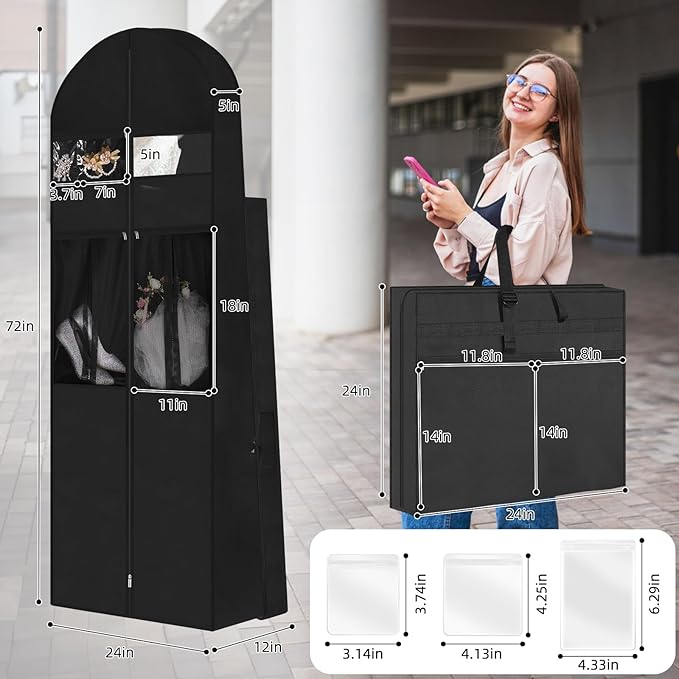Wedding Dress Garment Bag,72’ Tri-Fold Bridal Gown Bag with 6 Pouches and Adjustable Buckle Gown Cover for Wedding/Prom/Travel/Closet Storage (Black)