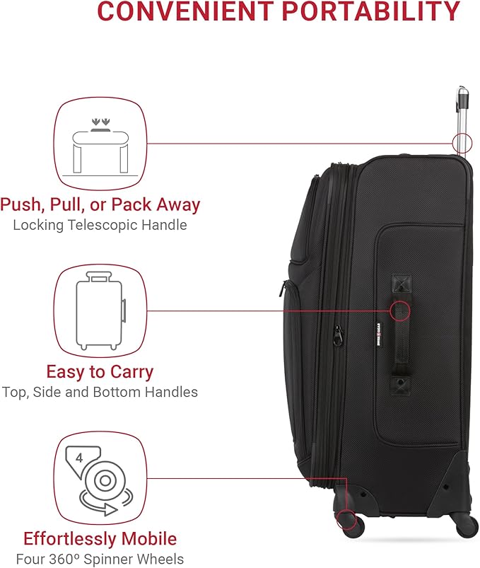 SWISSGEAR Sion Softside Expandable Spinner Luggage Durable Lightweight Travel Suitcase, Black, Checked-Large