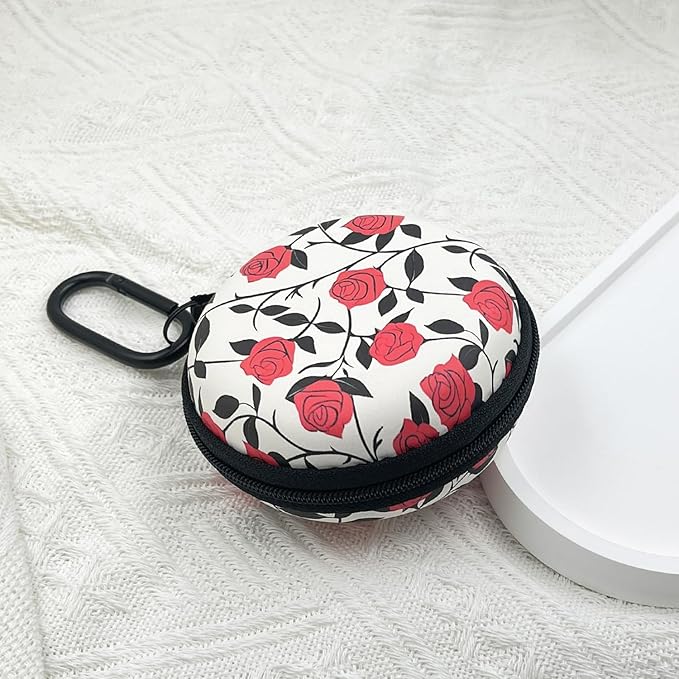 Earbud Case Headphone Organizer Ear Bud Case Portable EVA Carrying Box Storage Bag with Carabiner for AirPods Beats Bose Galaxy Buds 4/3/FE Data Cable Storage (Red Rose)