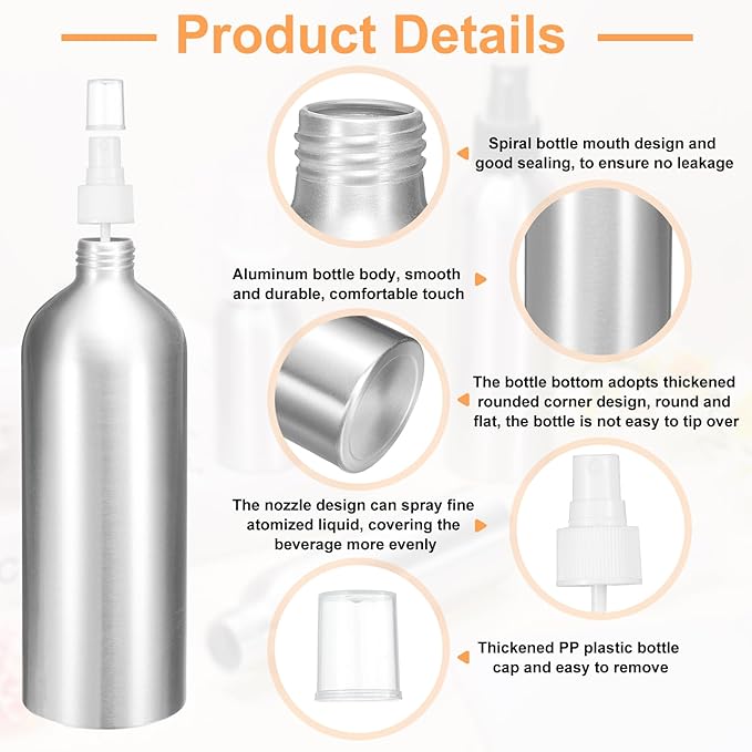 HARFINGTON 3pcs Aluminum Fine Mist Spray Bottles 500ml/16oz Metal Small Liquid Alcohol Refillable Travel Container with White Plastic Nozzle Cap for Perfume Skincare Cosmetic Storage Bottle