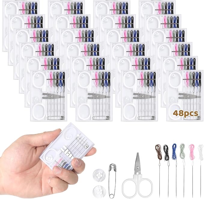 48 Pcs Mini Sewing Kit with Scissors,Travel Sewing Kits Pre-Threaded Needles 6-Color Threads, Buttons, Pins Included, Portable Sewing Kit Bulk for Home, Travel, Emergency