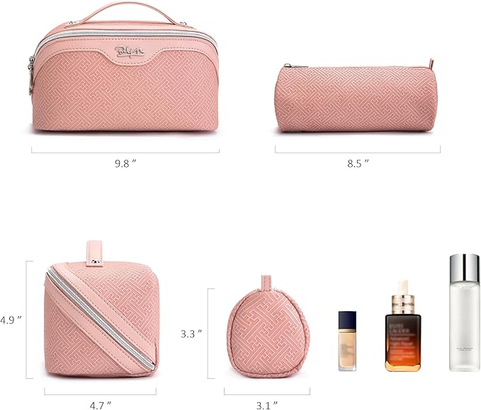 BOYATU Travel Makeup Bags for Women: Vintage Roman Column Texture Large Capacity Cosmetic Bag - Each Journey, Quiet Luxury Serenity - 3 Pcs Set Organizer Toiletry Purse 50% Extra Storage(Pink)