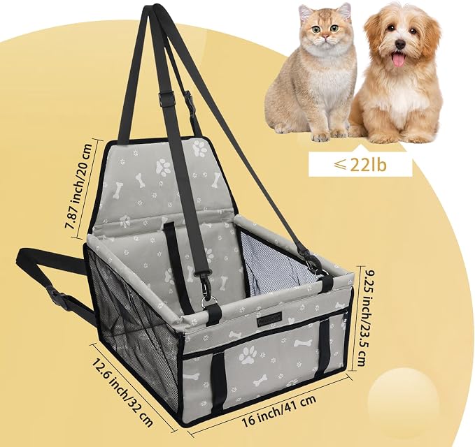 Dog Car Seat Foldable Dog Car Booster Seat Waterproof Breathable Oxford Travel Bag for Small to Medium Dogs, Puppies, and Pets-Pattern Grey