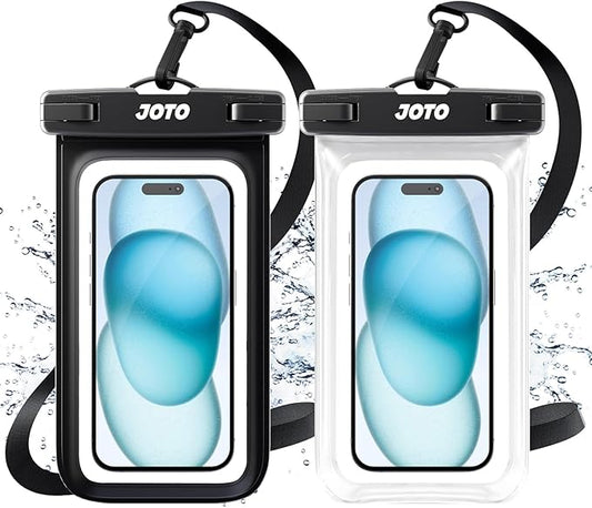 JOTO 2 Pack Universal Waterproof Phone Case for iPhone 17 Air 16 15 14 13 12 11 Plus Pro Max, IPX8 Cellphone Dry Bag XR X SE, Galaxy S23 S22 S21 S20+ S20 S10 Plus Note, Pixel up to 7" -Black, Clear
