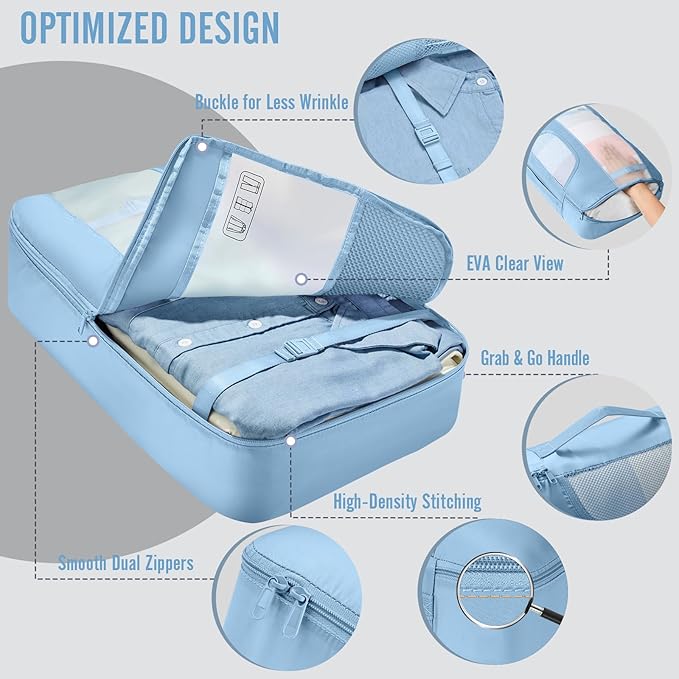 Veken 8 Set Packing Cubes for Travel Essentials,Anti-Wrinkle Buckled Suitcase Organizer for Shoe & Toiletry Bag,Carry On Luggage Bag for Airplane & College Dorm Room Accessories,Women Men Gifts