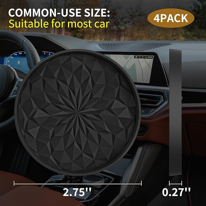 ME.FAN Car Coasters for Cup Holders [4 Pack] - 2.75In Silicone Auto Mug Mats - Universal Non-Slip Recessed Car Interior AccessoriesBlack
