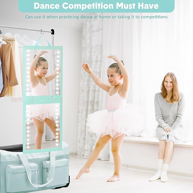 Fabuday Lighted Hanging Mirror for Dance Backstage - Rechargeable Folding LED Full Length Mirror with Lights for Dancers, Portable Foldable Travel Body Mirrors, Brightness Adjustable, Cyan